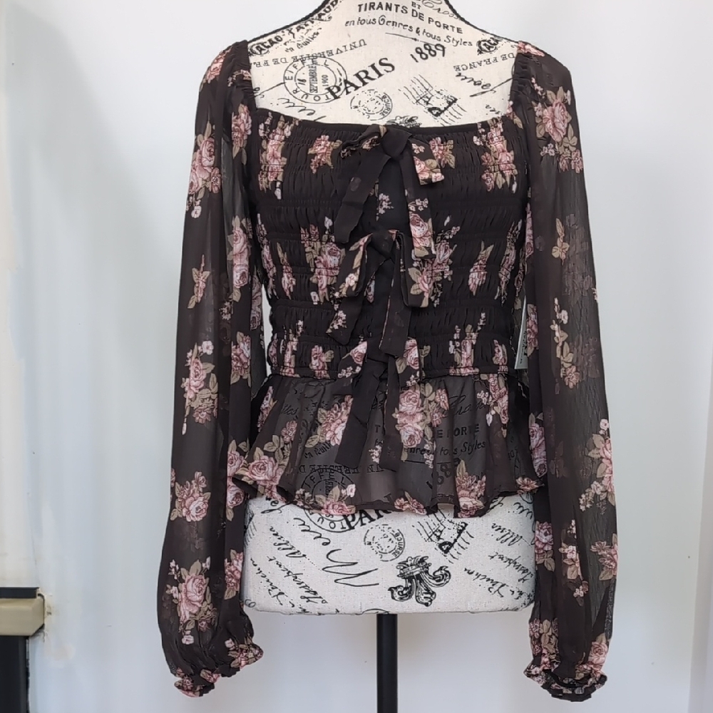 Trixxi Black Sheer Floral Peplum Blouse with Pink Roses